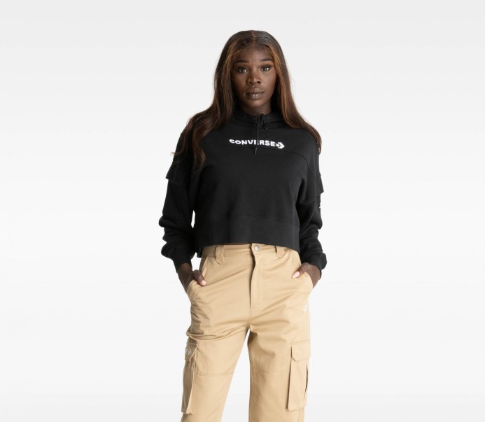 čierna Converse Fashion Crop Mikina S Kapucňou