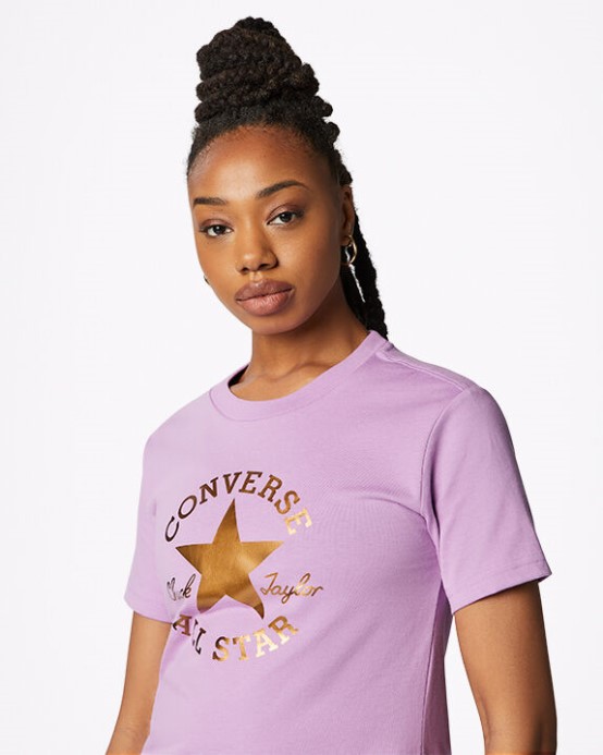 Converse Metalické Skľučovadlo Taylor Nášivka Tričko Klasického Strihu Fialový šok